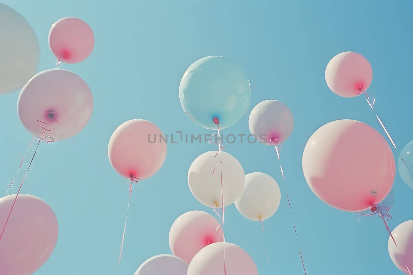 Pastel-colored balloons floating in a clear blue sky, creating a peaceful and serene scene