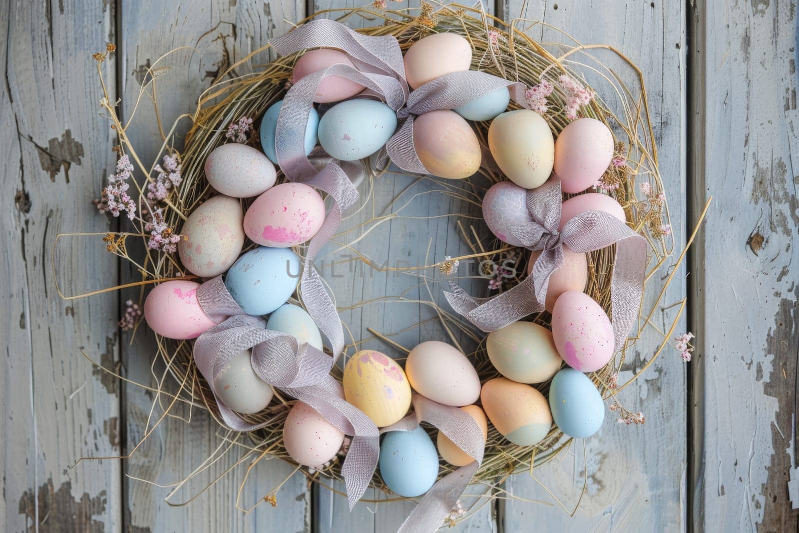Pastel-colored Easter eggs arranged in a wreath with ribbon accents