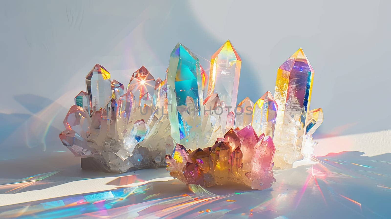 Prismatic crystal clusters casting colorful patterns of light against a pure white canvas