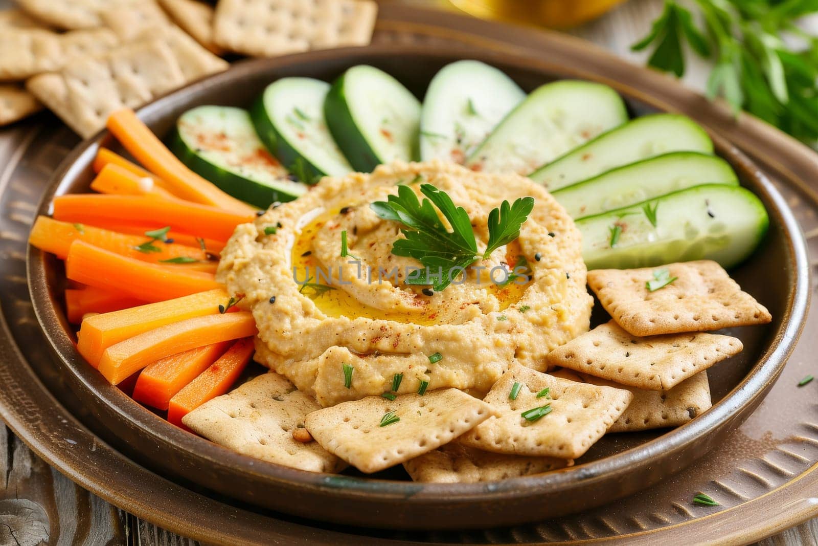 Plate of whole grain crackers with hummus and sliced vegetables, a nutritious and satisfying snack
