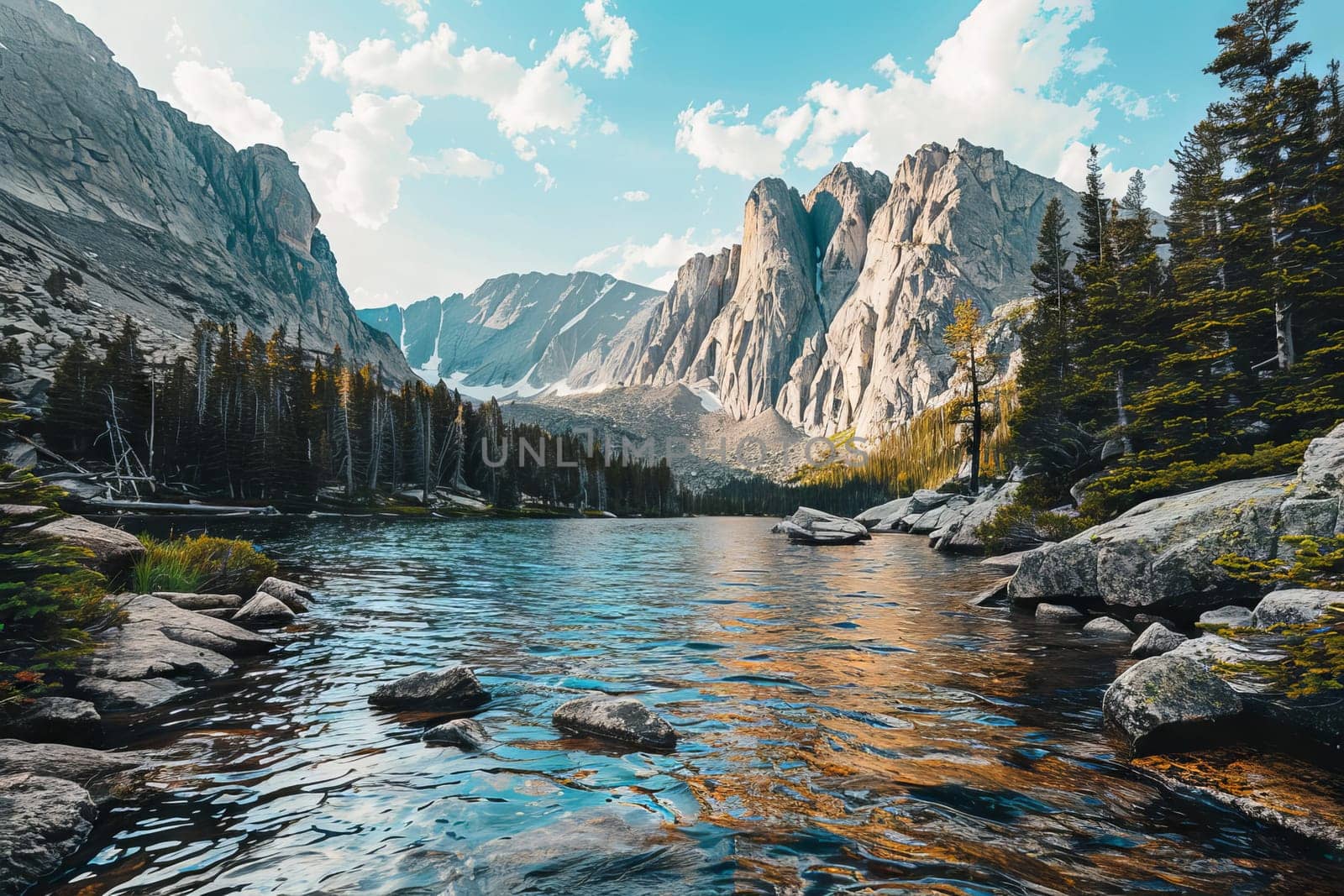 Pristine mountain lake with a rocky shoreline and towering cliffs above