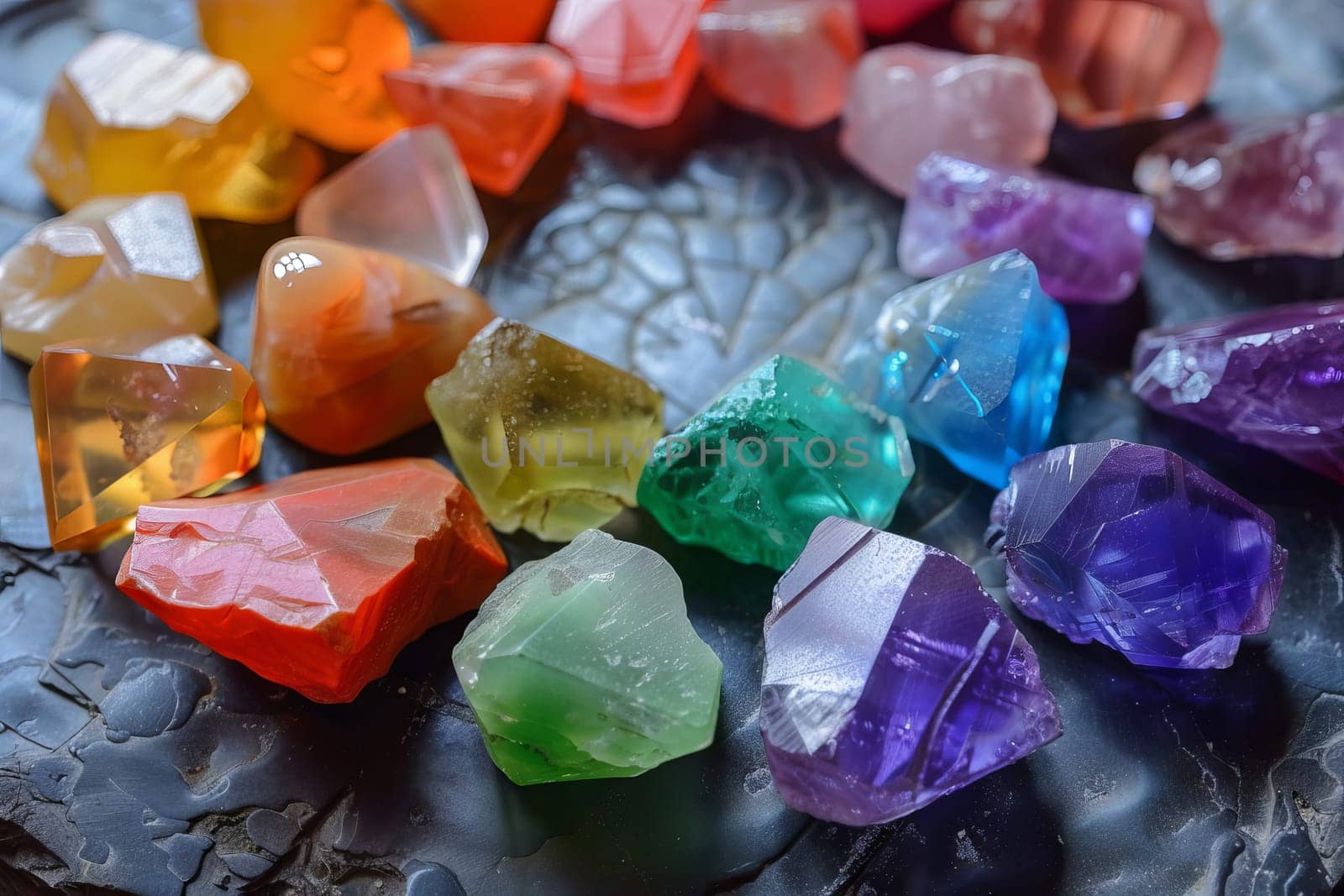 Rainbow-colored chakra stones transparently arranged in a circular pattern
