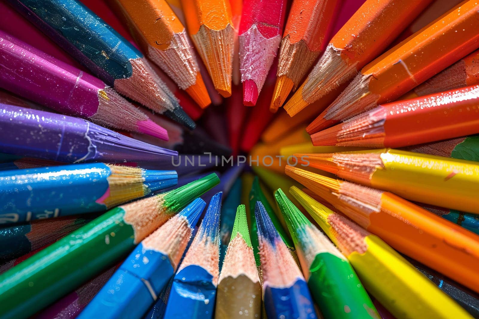 Rainbow-colored crayons arranged transparently in a circular pattern