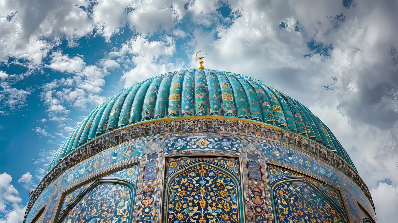 A blue dome with gold accents sits atop a building. The sky is cloudy, but the dome is still visible