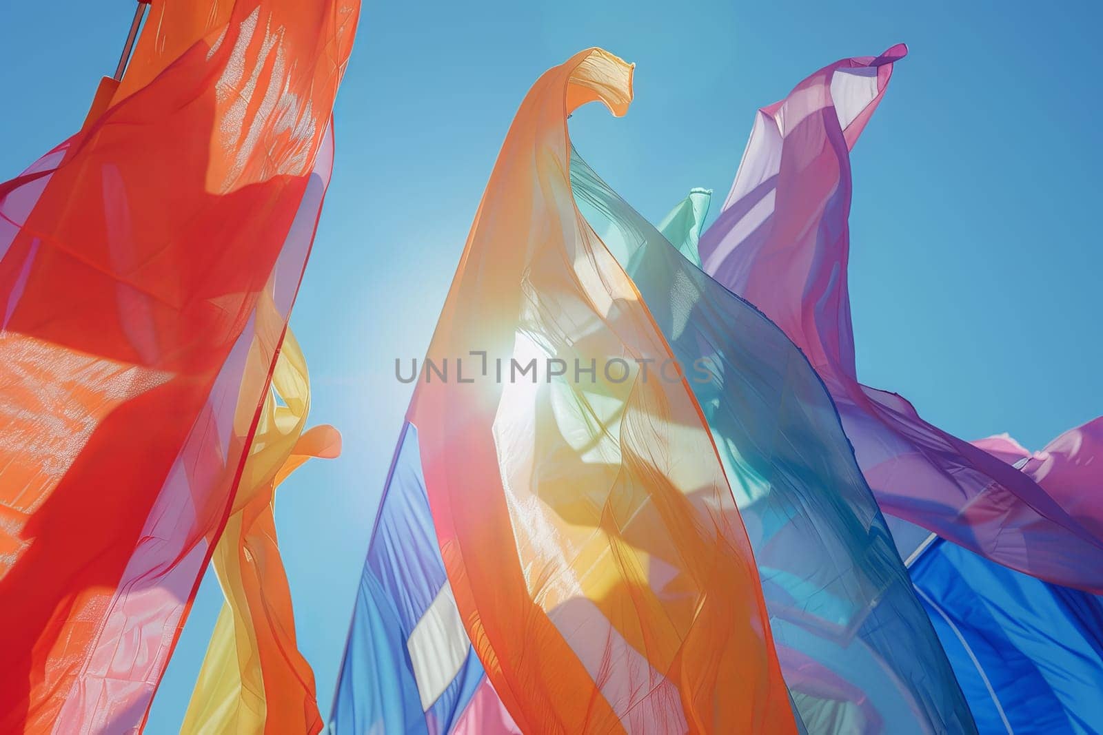 Rainbow-colored flags transparently waving in the wind