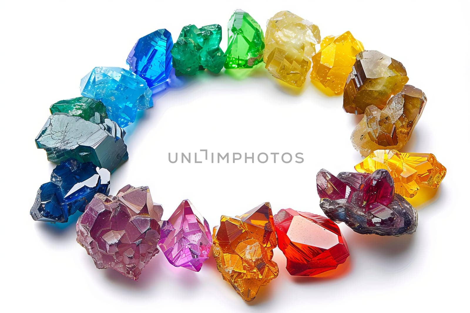 Rainbow-colored gemstones transparently arranged in a circle