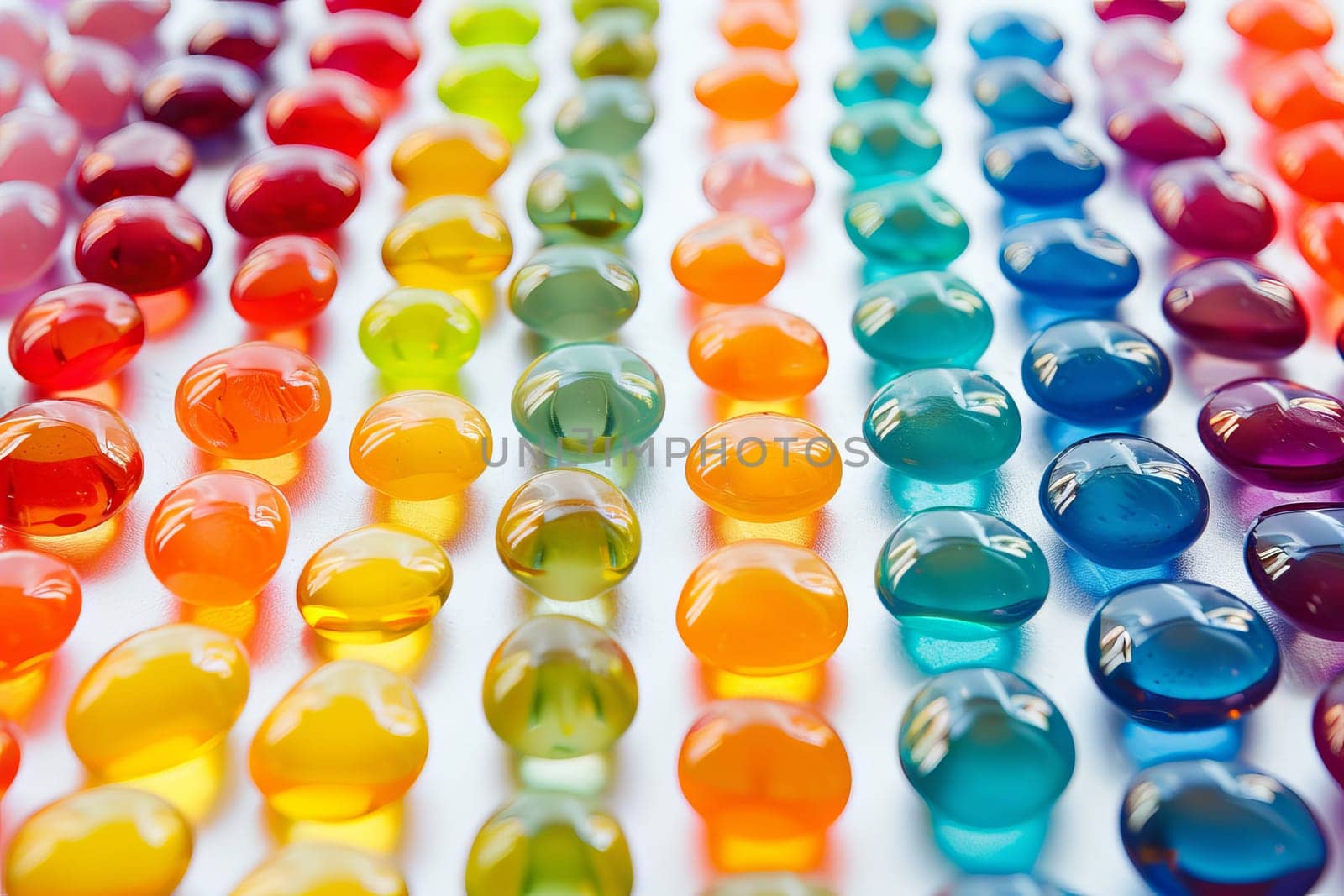 Rainbow-colored jellybeans arranged in a vibrant pattern on a transparent surface