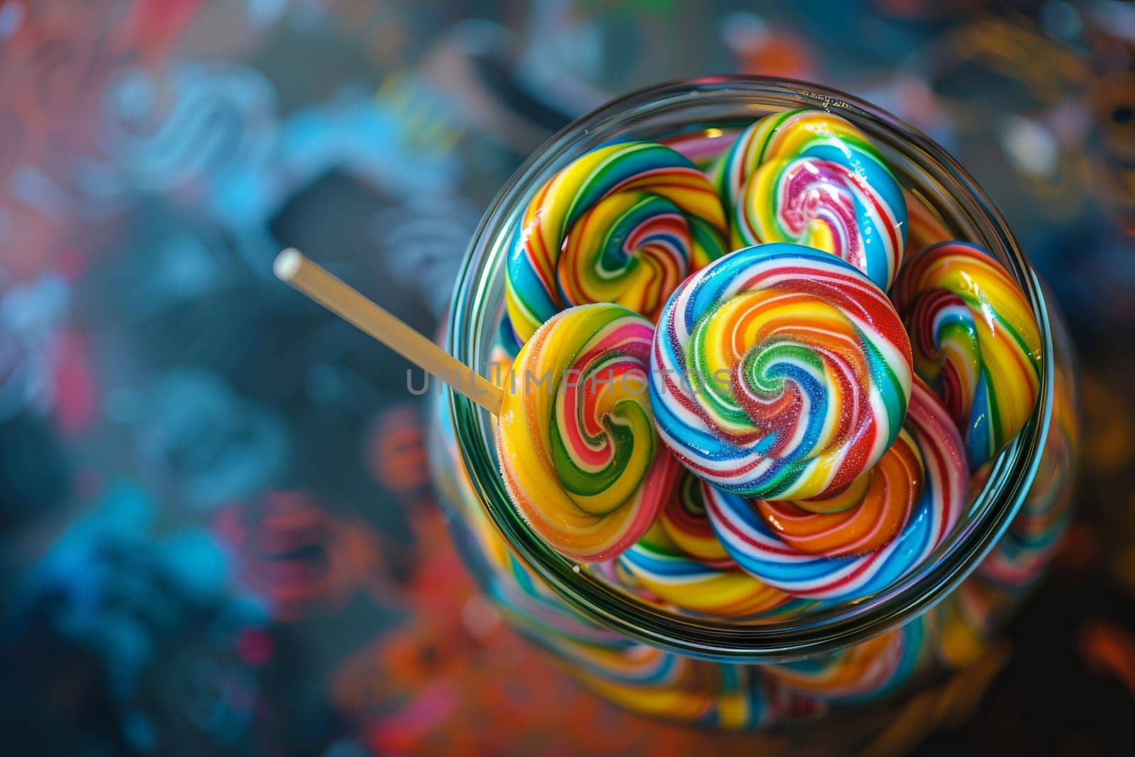 Rainbow-colored lollipops transparently arranged in a jar, inviting and delicious