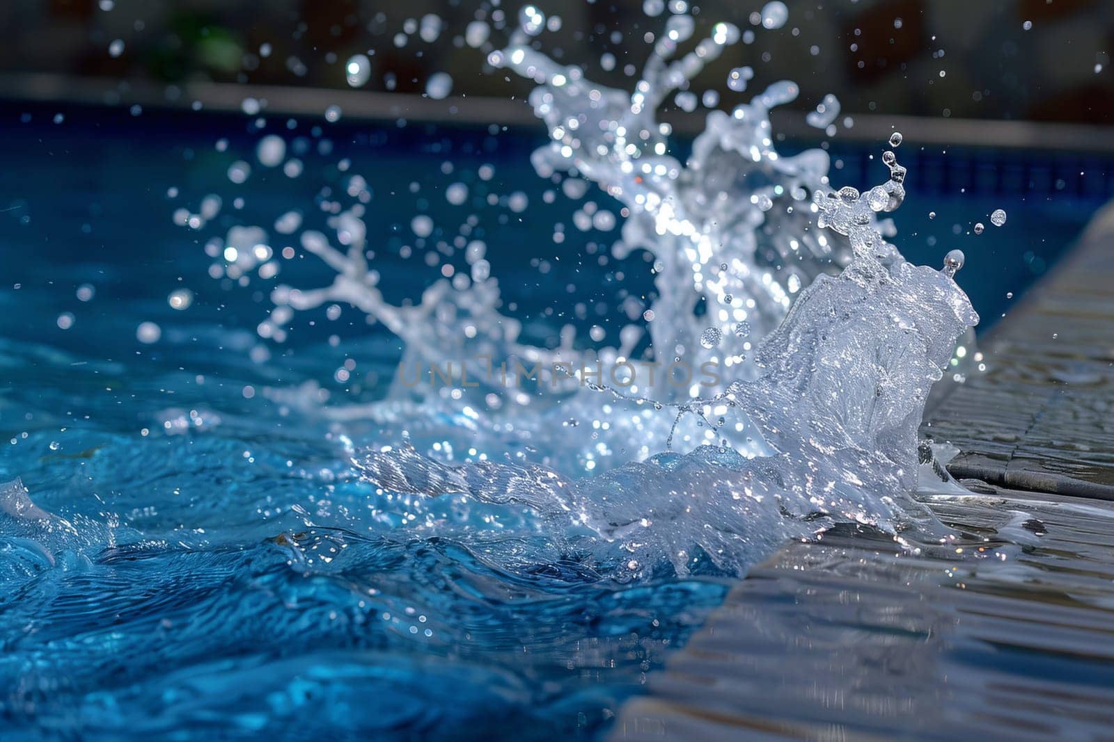 Refreshing splash of water from a diving board into a swimming pool
