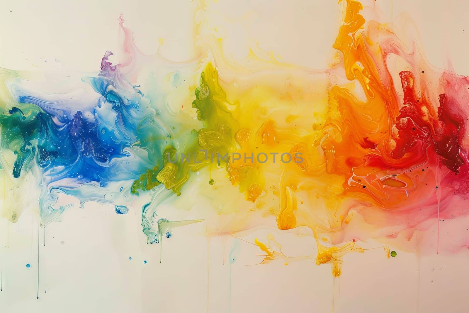 Rainbow-colored paint transparently splattered on a canvas