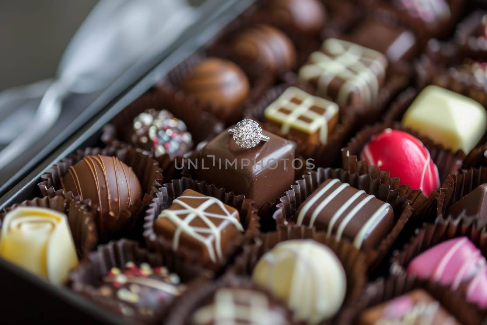 Romantic proposal with a ring hidden in a box of chocolates