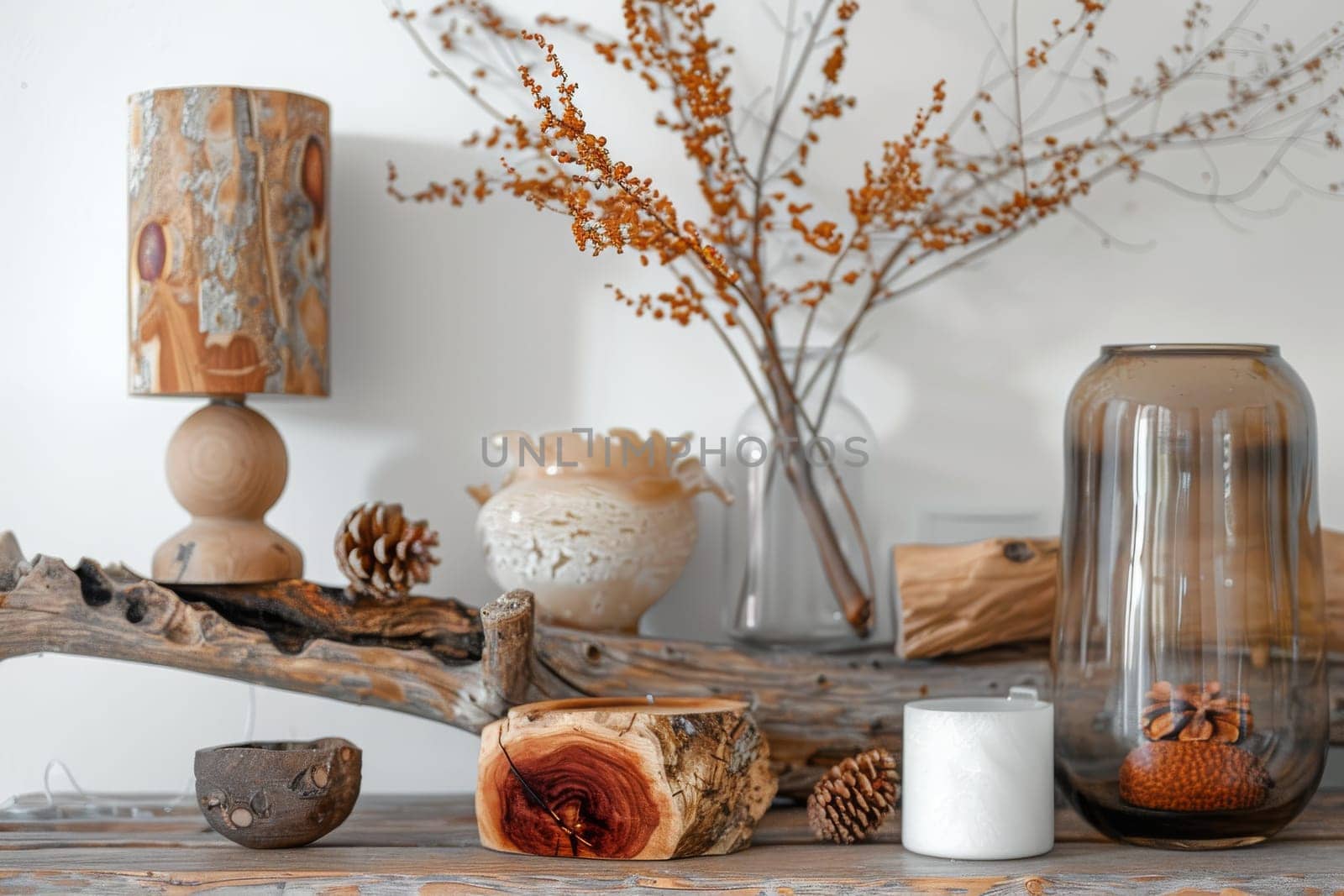Rustic decoration accents against a soft transparent white surface, adding warmth to compositions