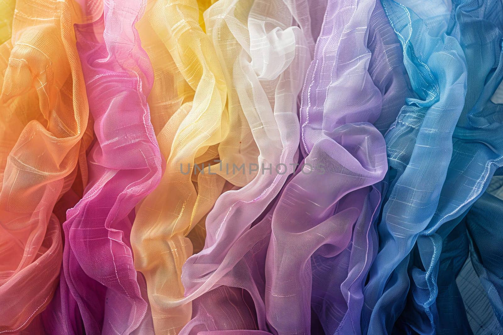 Rainbow-colored fabric swatches transparently arranged in a gradient pattern