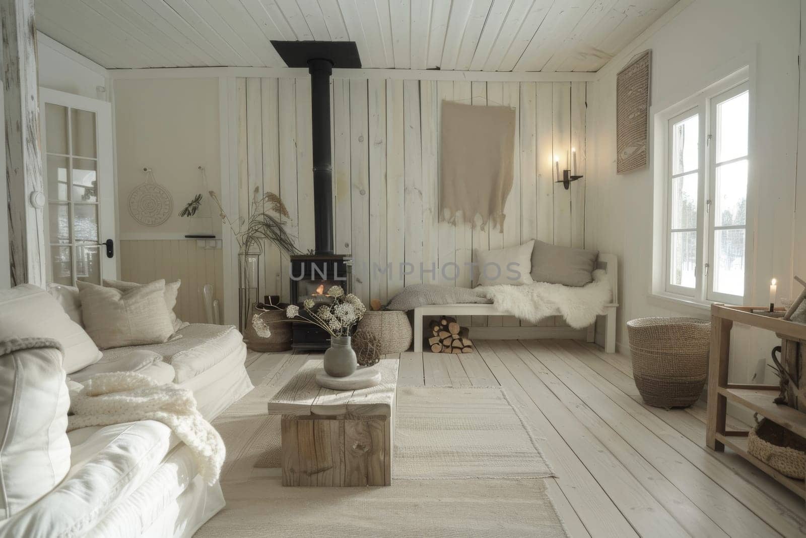 Scandinavian coastal farmhouse living room with whitewashed wood and organic elements