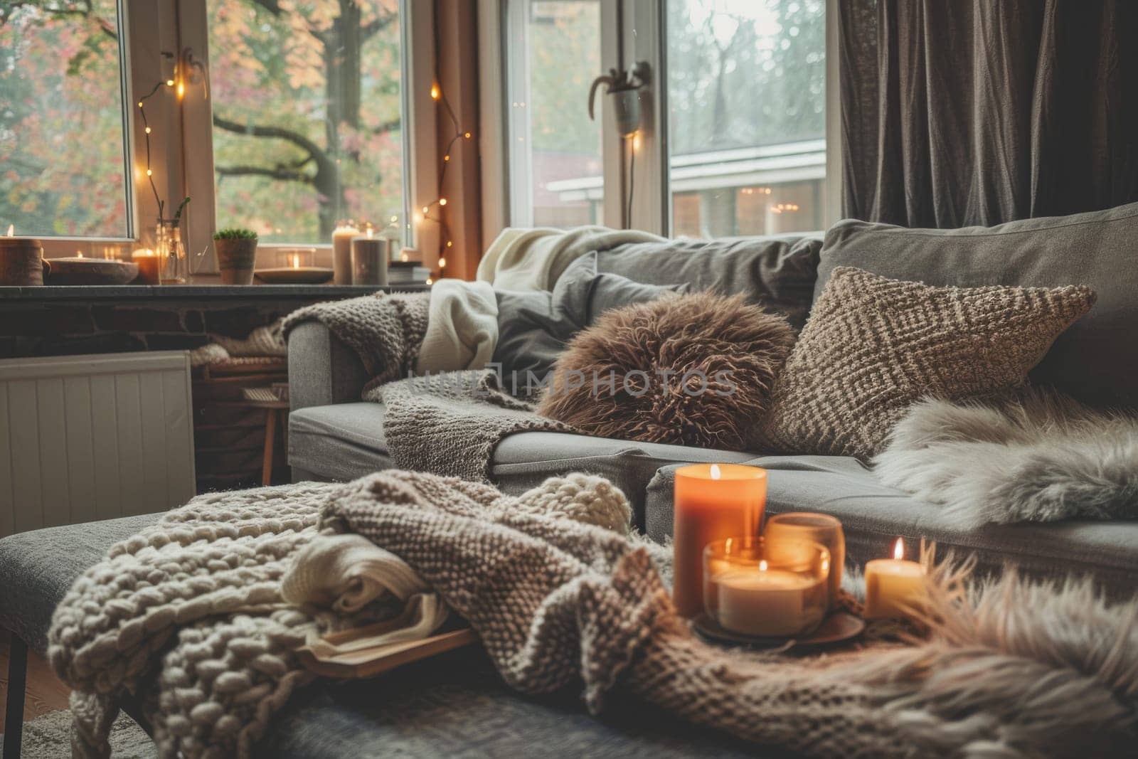 Scandinavian hygge-inspired living room with cozy blankets and candles