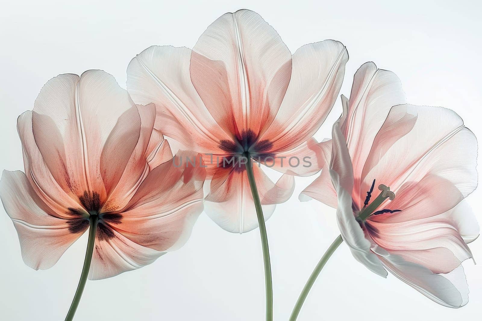 Rustic tulip blossoms with elegant shapes on a transparent white backdrop, symbolizing elegance and grace