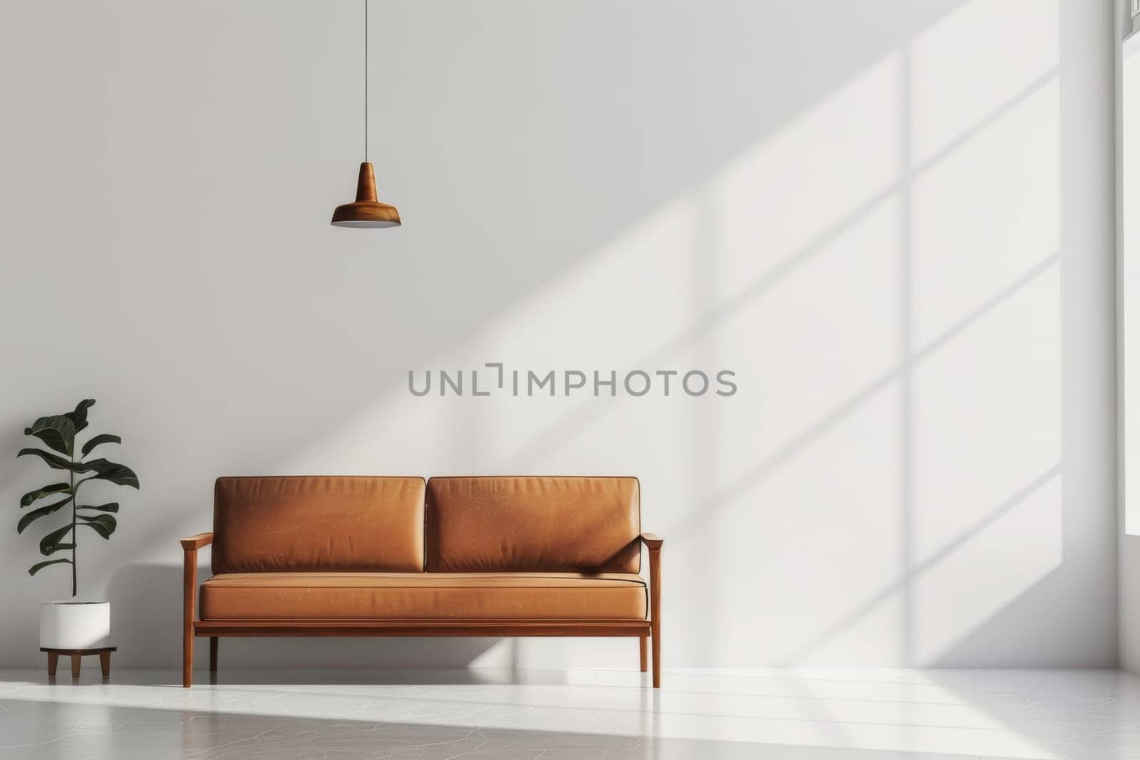A tan couch sits in front of a window with sunlight streaming in. The room is empty and the couch is the only piece of furniture