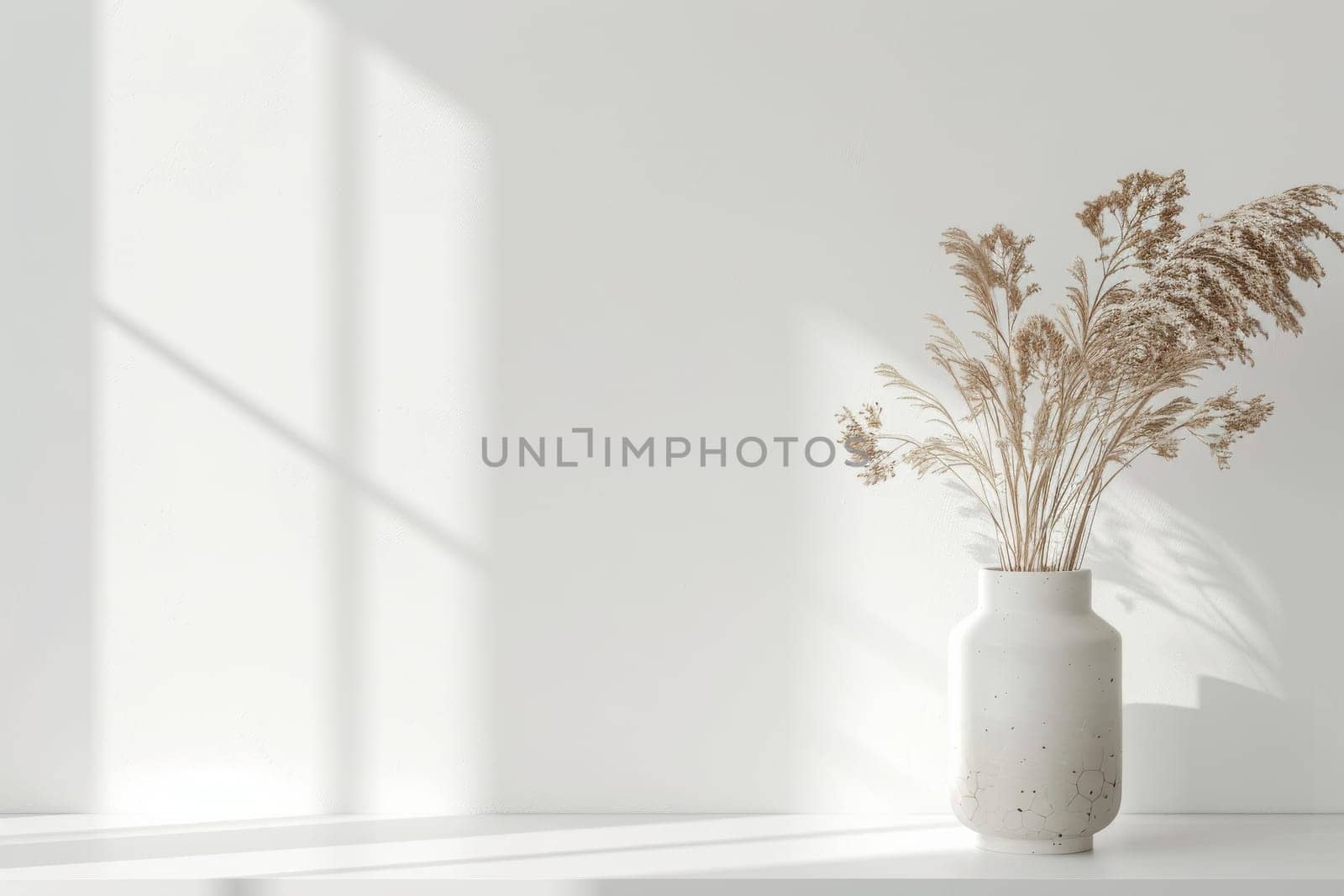 A white vase with dried flowers sits on a white table. The vase is the main focus of the image, and the flowers are arranged in a way that creates a sense of balance and harmony