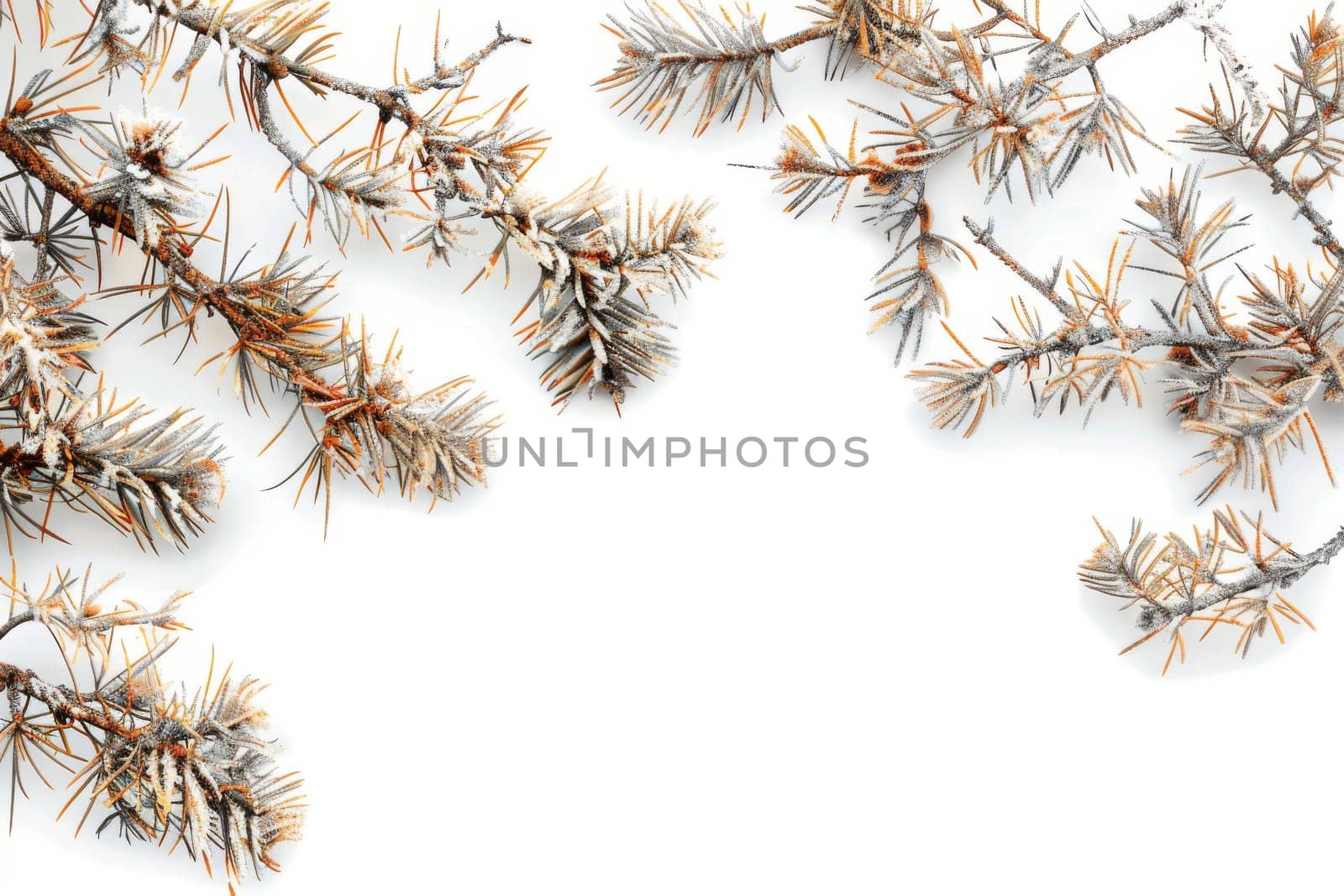 Rustic pine branches with woody textures on a transparent white background, evoking images of winter landscapes
