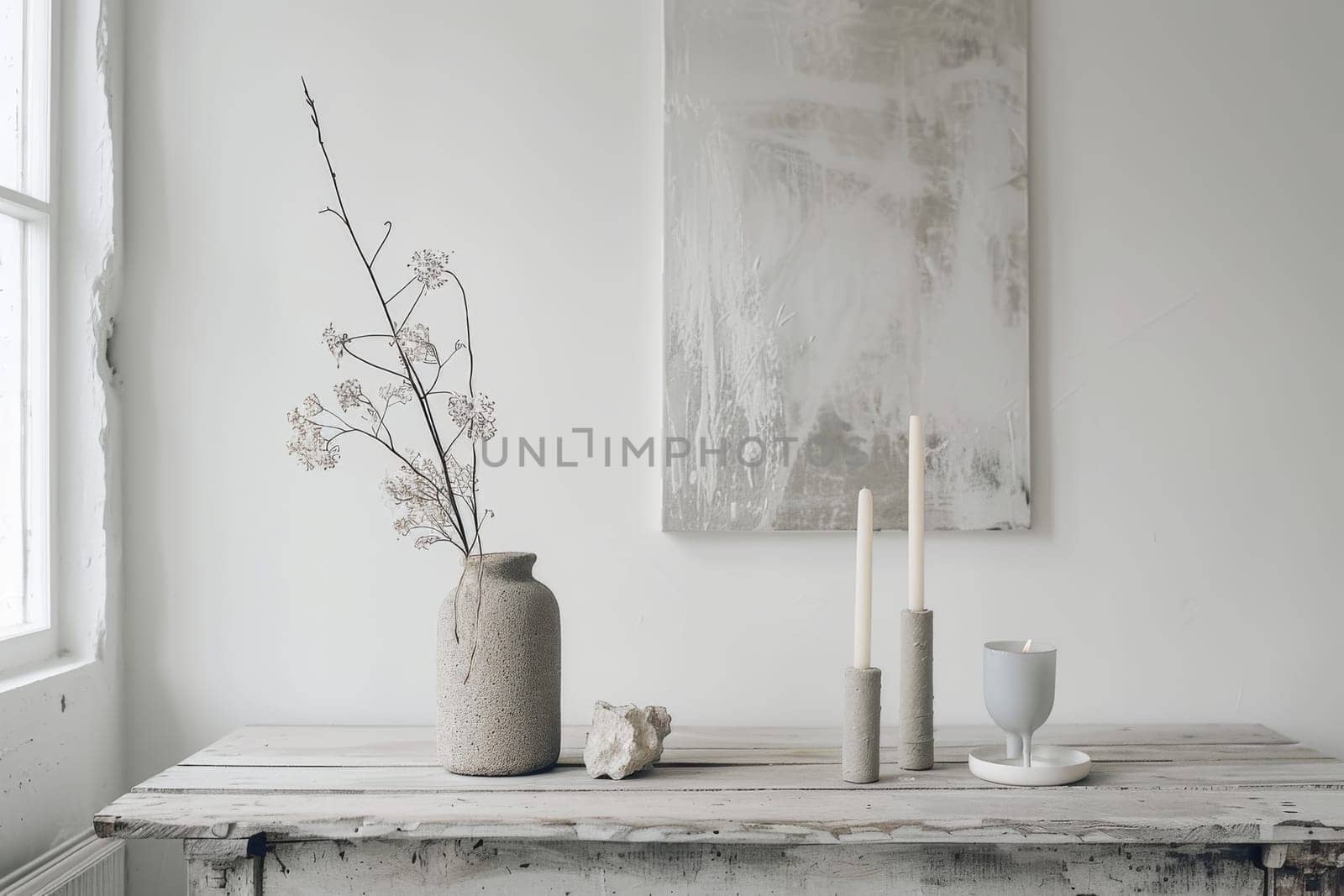A white vase with flowers sits on a wooden table. The table is surrounded by candles and a cup. The scene is simple and elegant, with a focus on the vase and candles