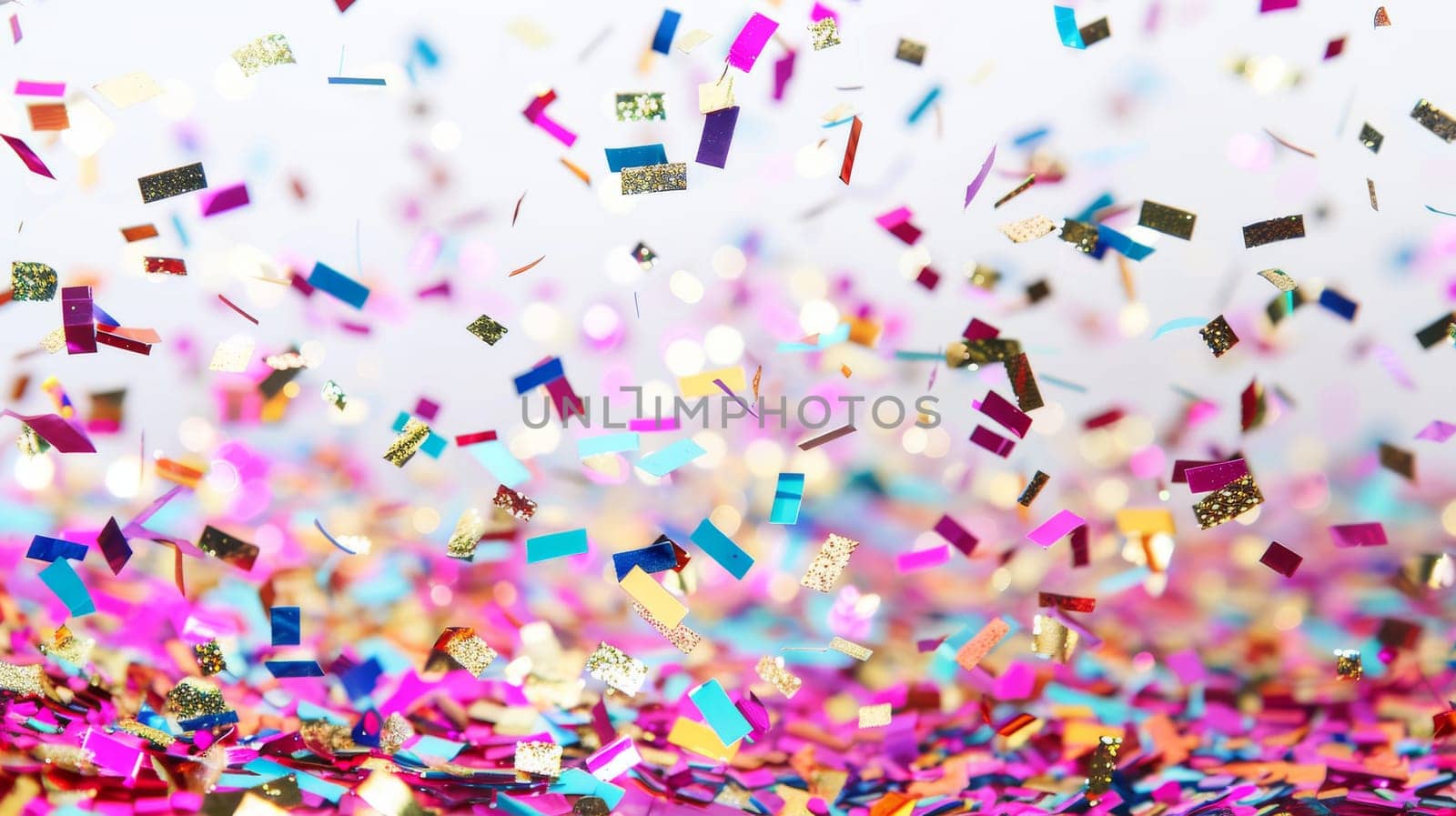 A colorful explosion of confetti is falling from the sky. The confetti is in various colors and sizes, creating a festive and celebratory atmosphere