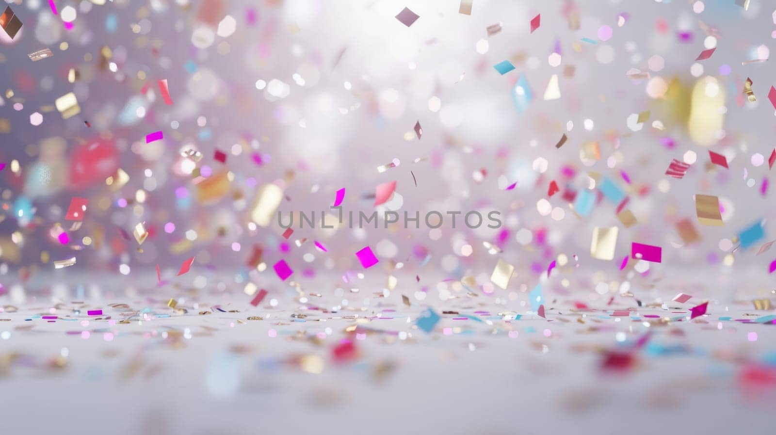 Sparkling confetti bursts creating a sense of excitement and celebration on a pristine white surface