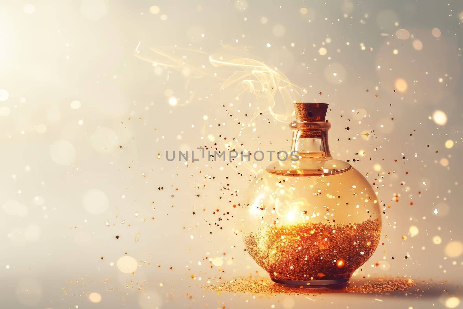 Sparkling magic potion sparkles swirling in the air against a transparent white backdrop, perfect for fantasy concepts