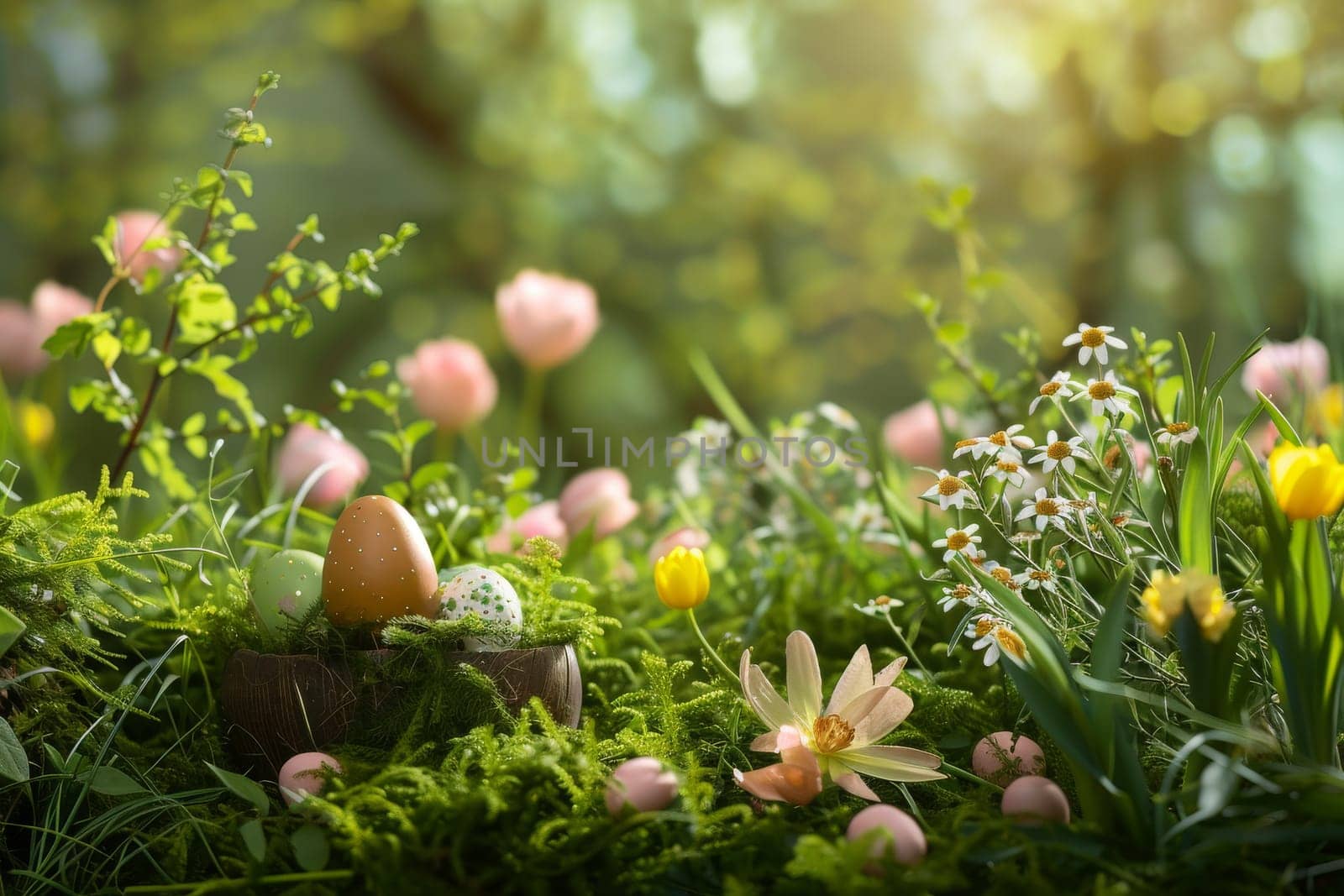 Springtime Easter scene with blooming flowers and green foliage