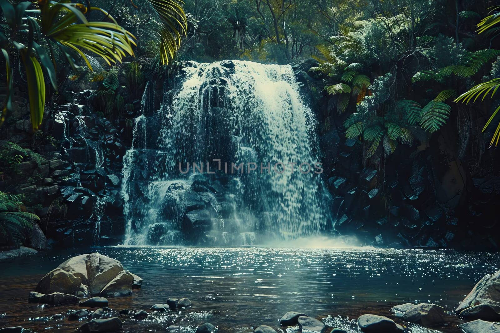 Sparkling waterfall plunging into a rocky pool surrounded by lush vegetation