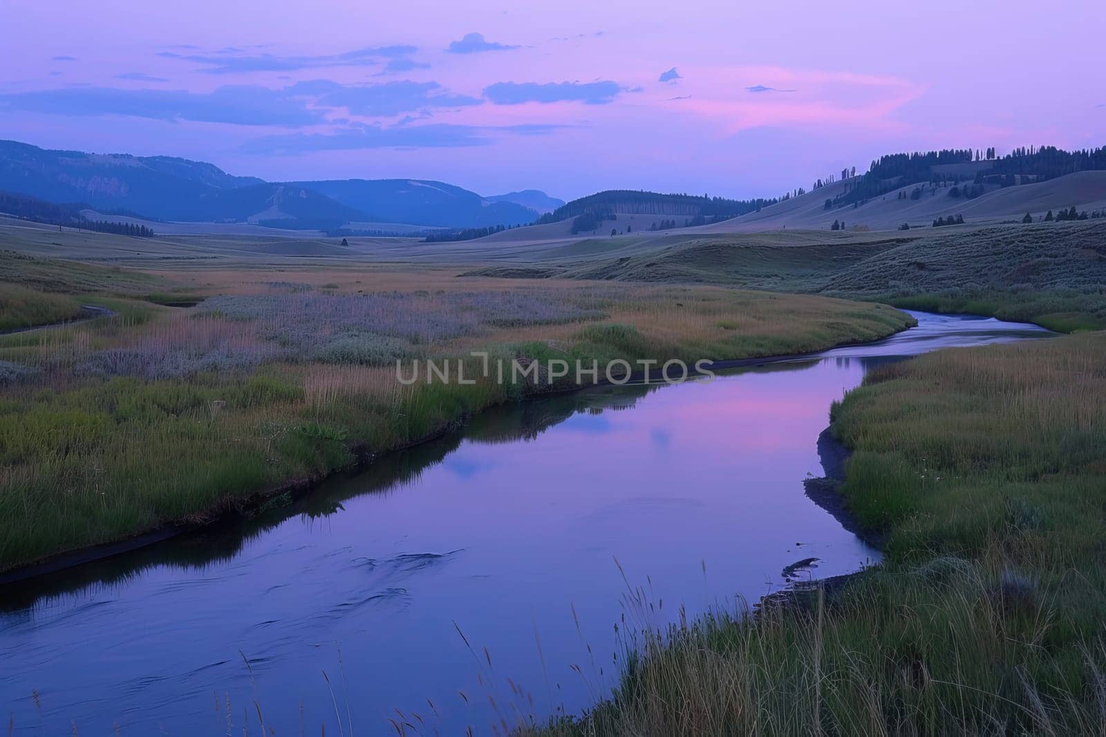 Serene river winding its way through a peaceful valley at twilight