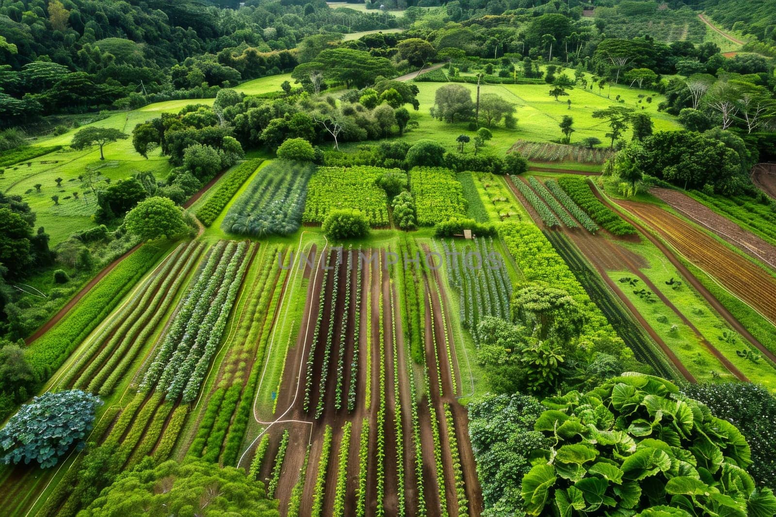 Sustainable agriculture farm with crop rotation and natural pest control methods, promoting soil health and biodiversity