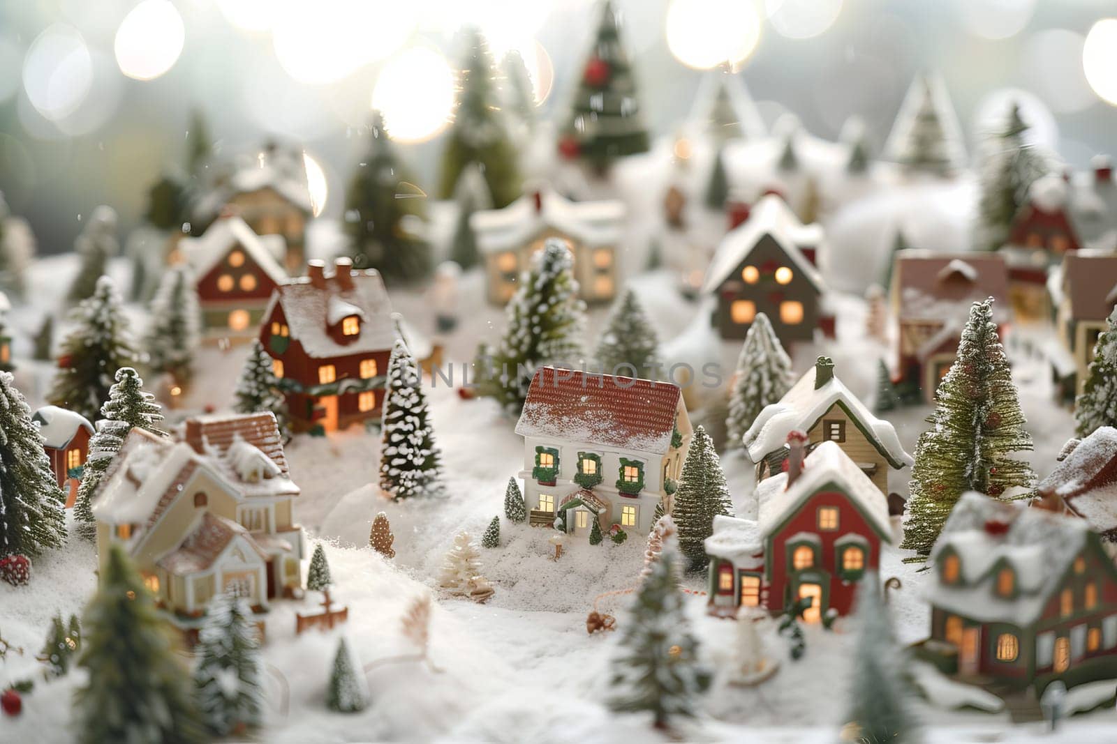 Snowy Christmas village on a soft transparent white surface, ideal for winter-themed compositions