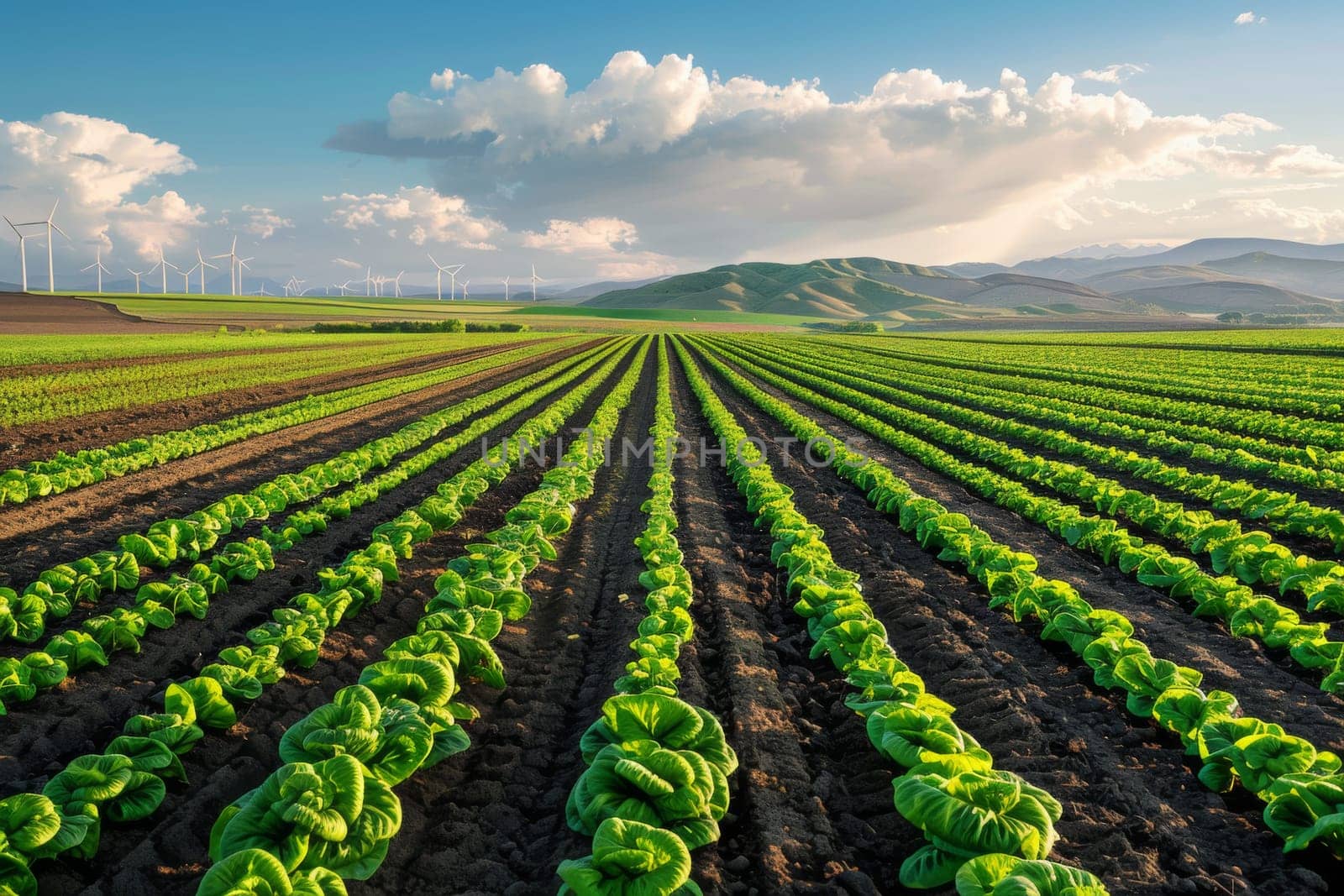 Sustainable agriculture field with rows of crops and wind turbines in the distance, promoting eco-friendly farming practices