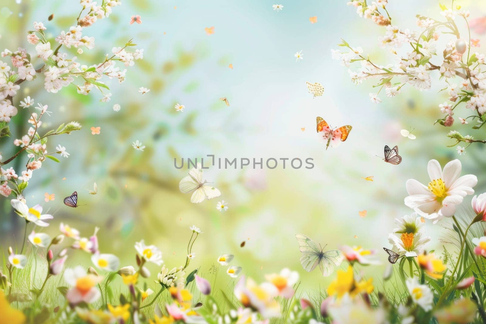 Springtime Easter background with blooming flowers and butterflies