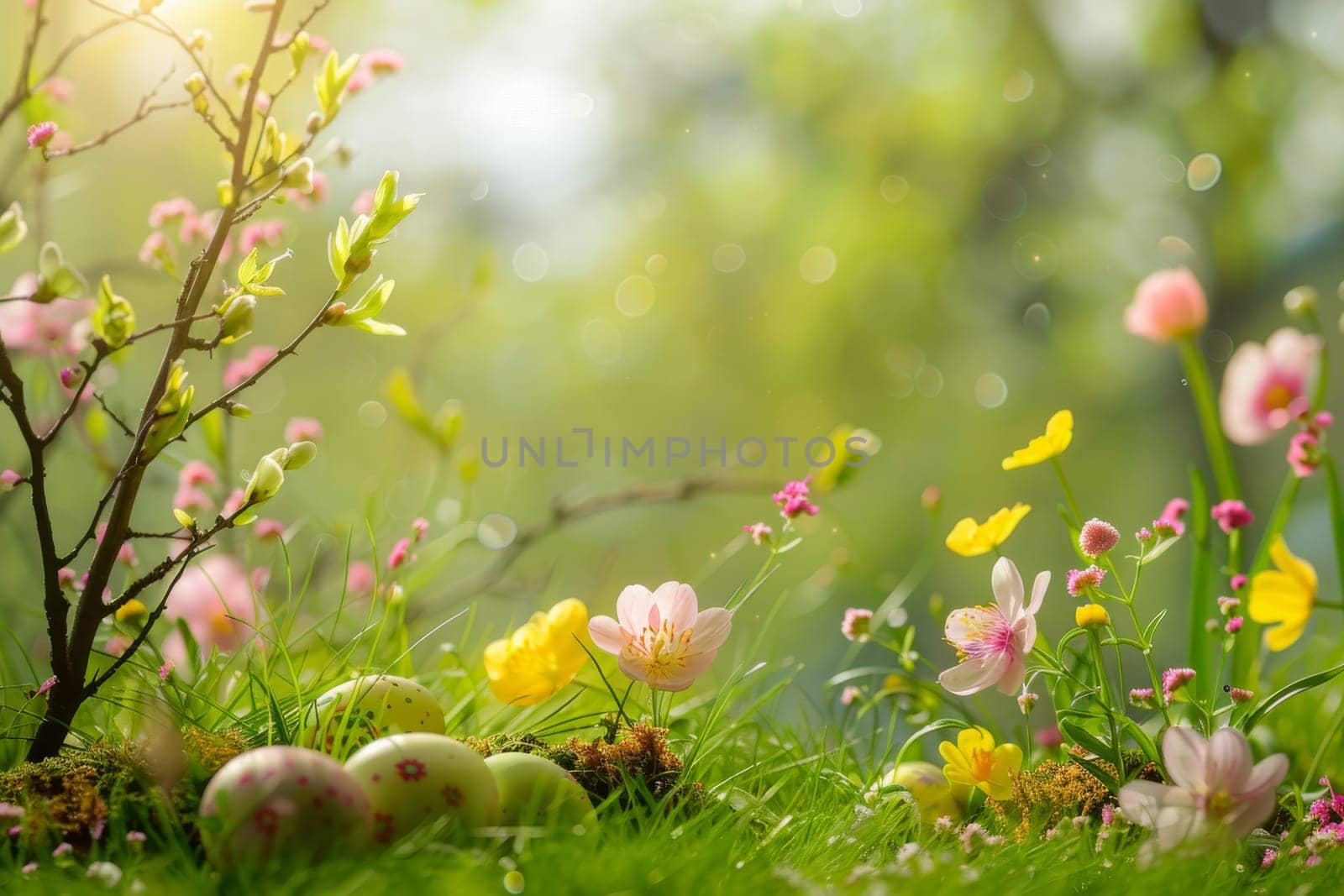 Springtime Easter scene with blooming flowers and budding trees