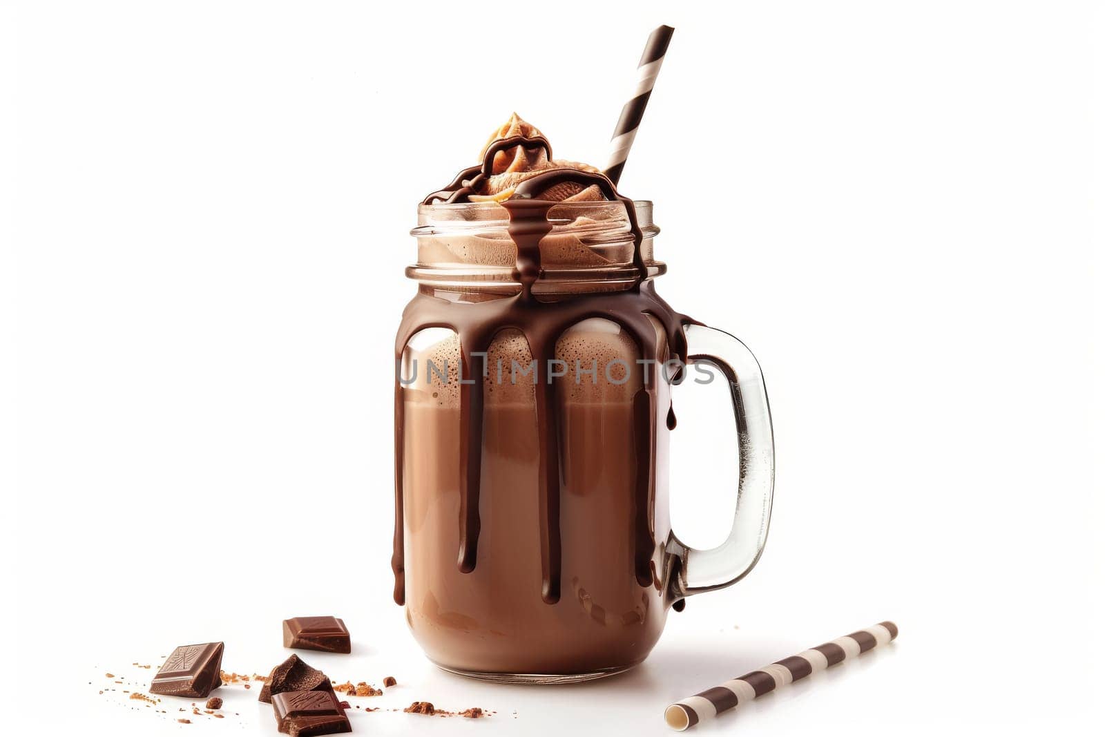 A glass of chocolate milk with chocolate drizzle on top. The drink is served in a glass mug with a straw