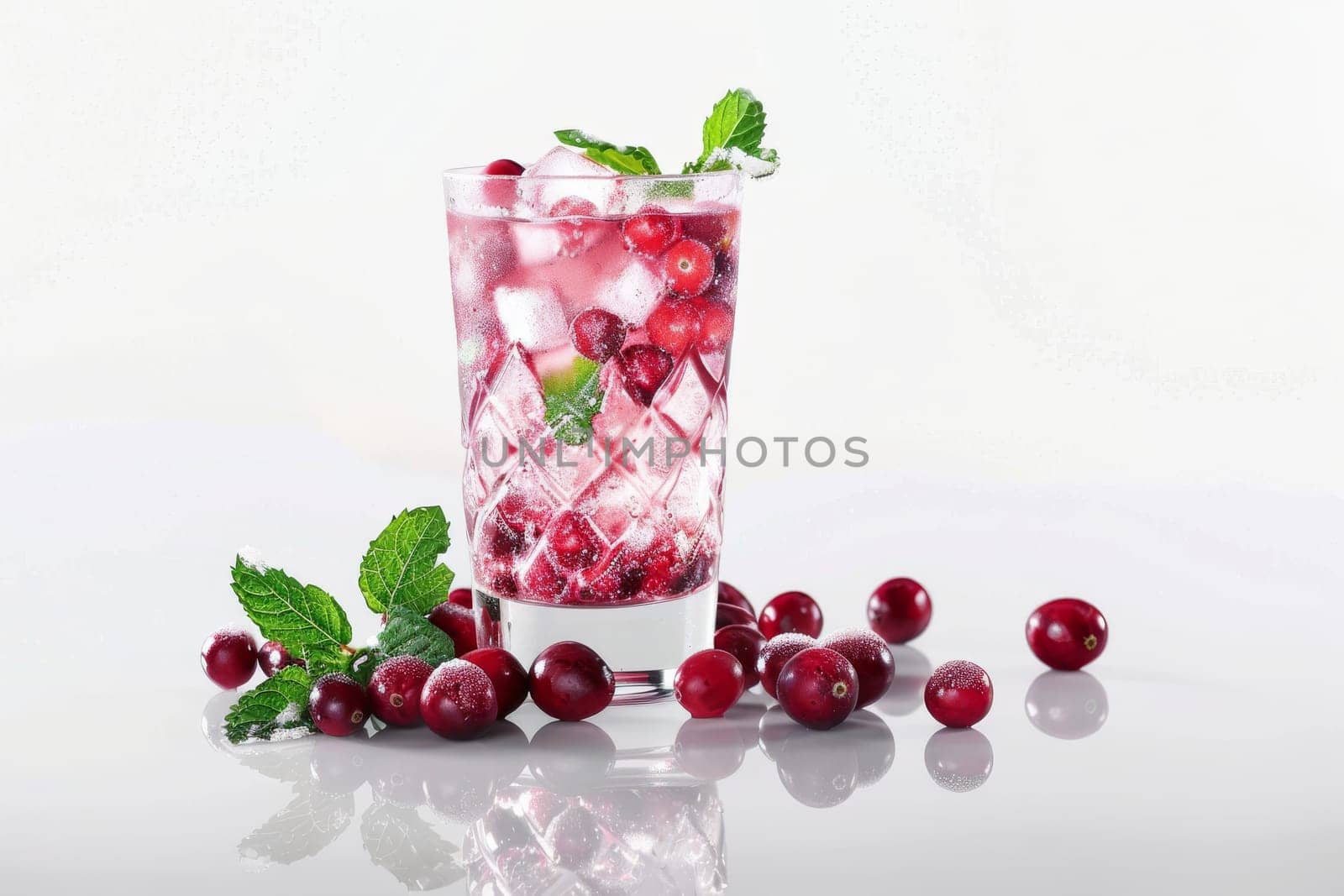 A glass of cranberry juice with ice cubes and a sprig of mint. The cranberries are scattered around the glass, and the mint adds a refreshing touch to the drink