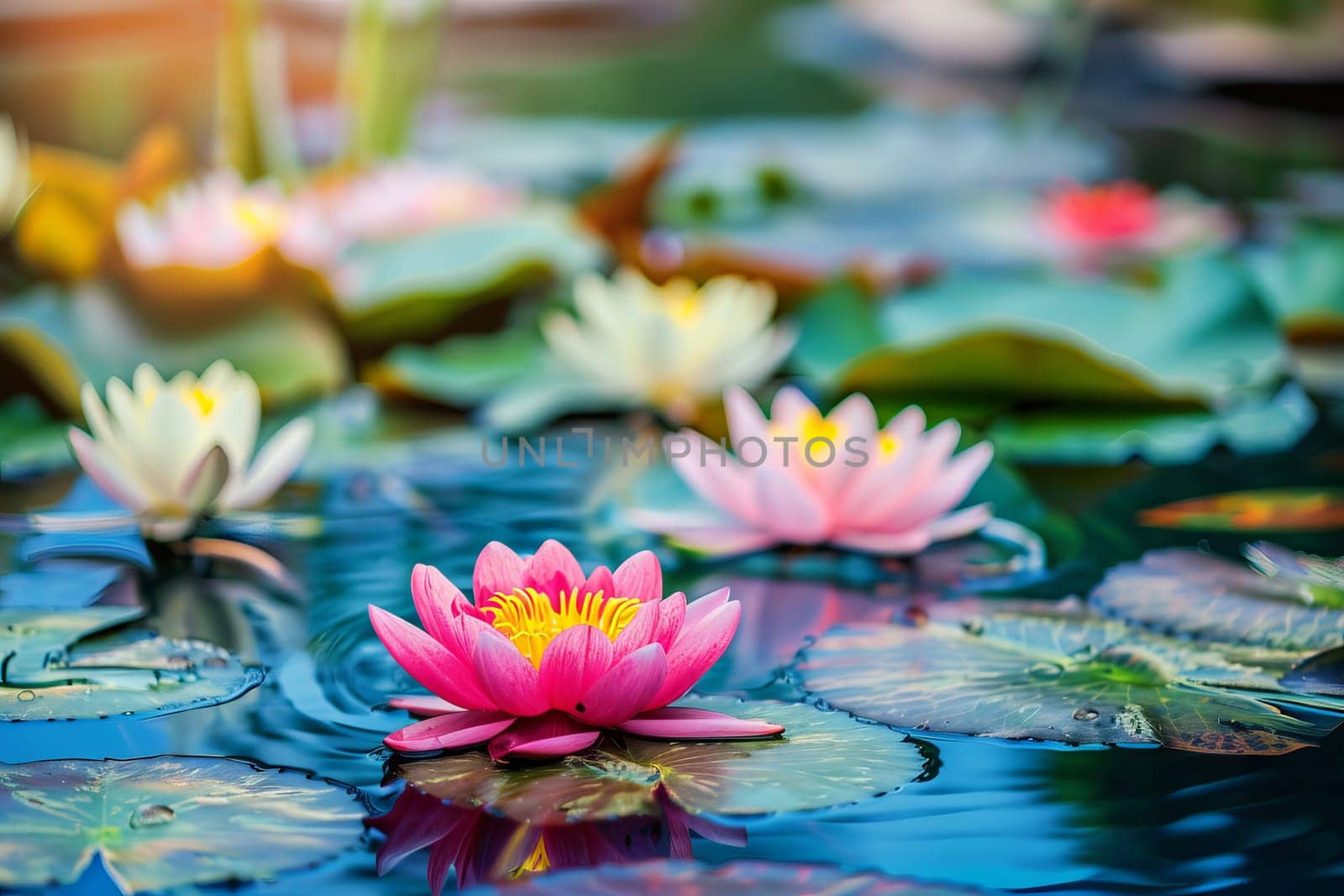 Tranquil pond with colorful lotus flowers blooming on the surface