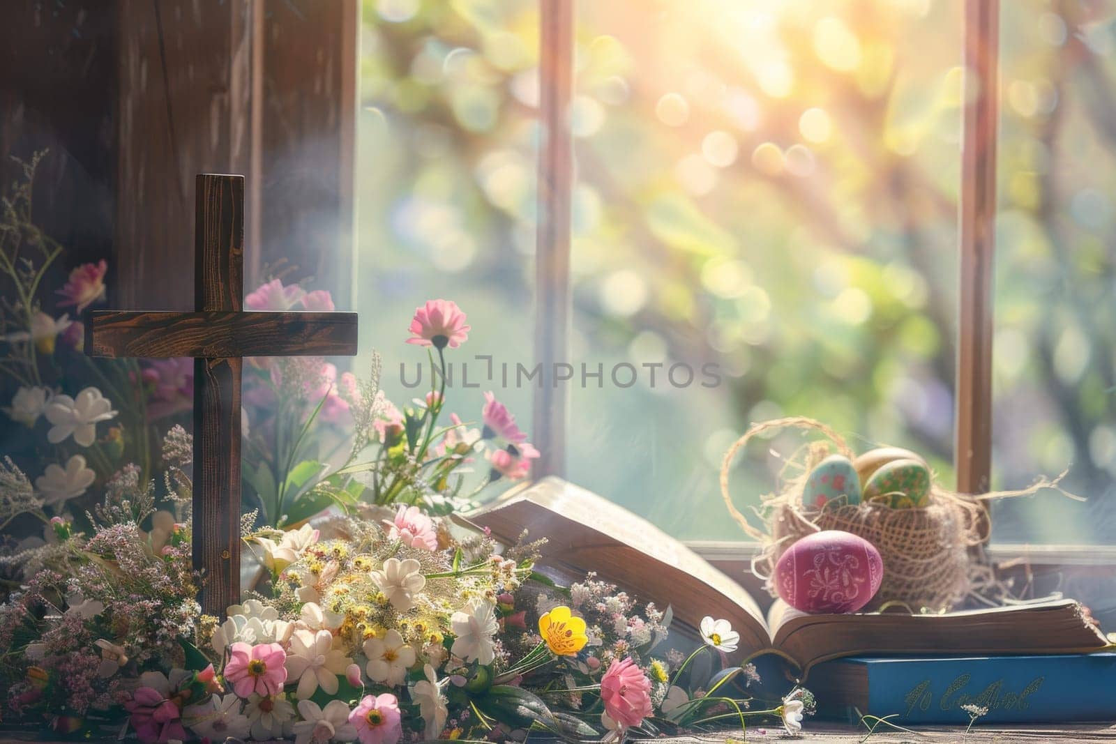 Traditional Easter scene with a cross, Bible, and floral decorations