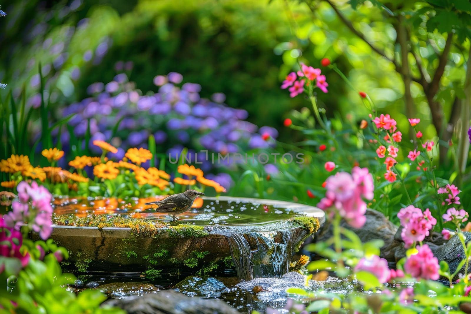 Tranquil garden scene with blooming flowers and chirping birds, offering a peaceful retreat for stress relief