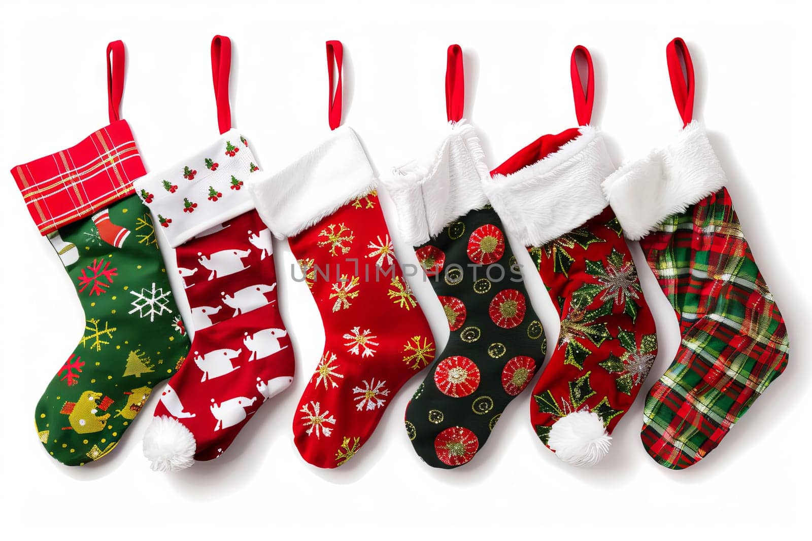 Traditional Christmas stockings on a transparent white backdrop, perfect for festive graphics