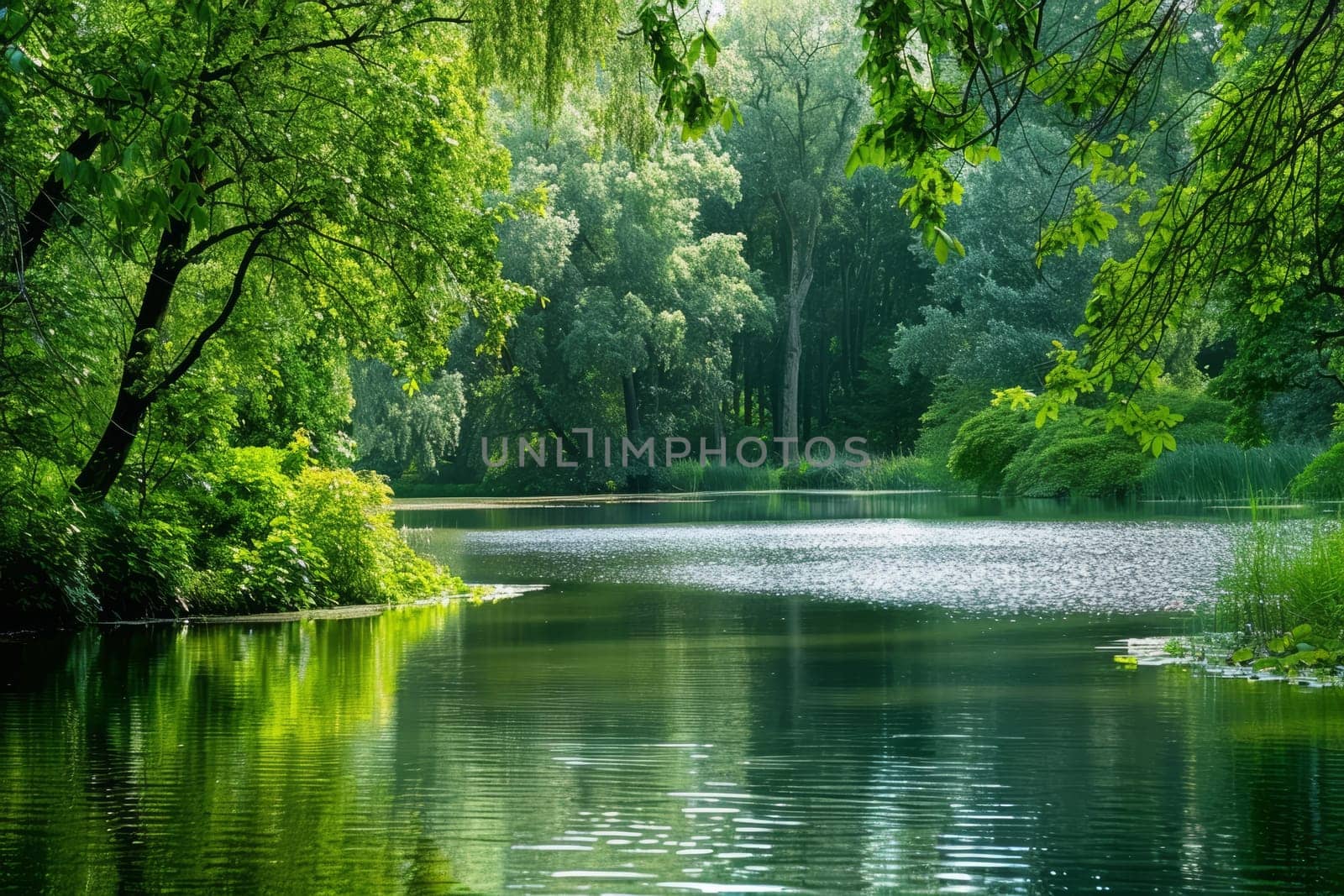 Tranquil scene of a peaceful lake surrounded by lush greenery, offering a moment of serenity