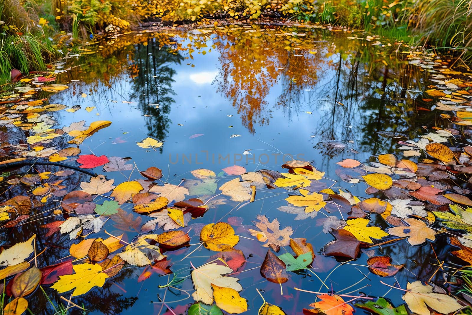 Tranquil pond surrounded by colorful autumn foliage and fallen leaves