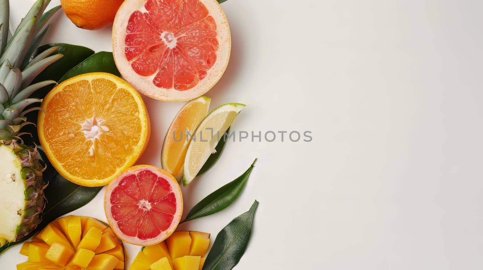 A close up of a variety of fruits including oranges, grapefruit, and pineapple. Concept of abundance and freshness, as well as the idea of a healthy and nutritious diet