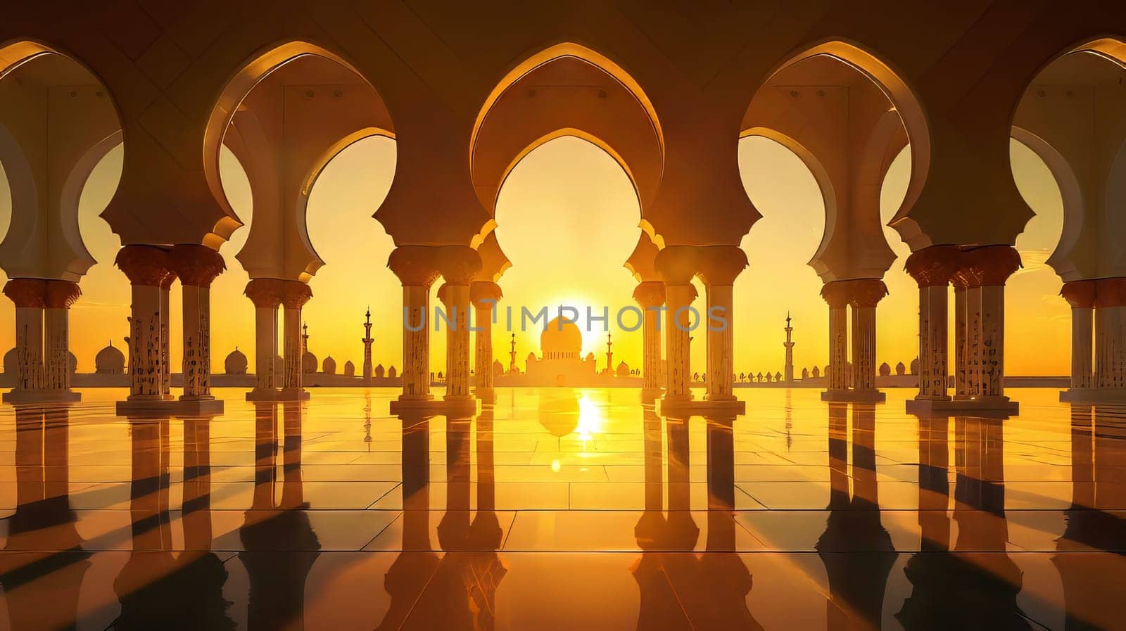 Traditional Islamic arches against a golden sunset background, evoking a sense of spirituality