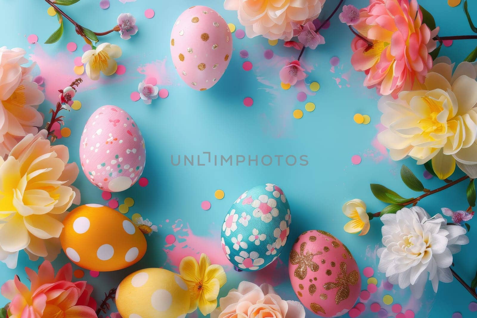 Vibrant Easter background with decorated eggs and spring flowers