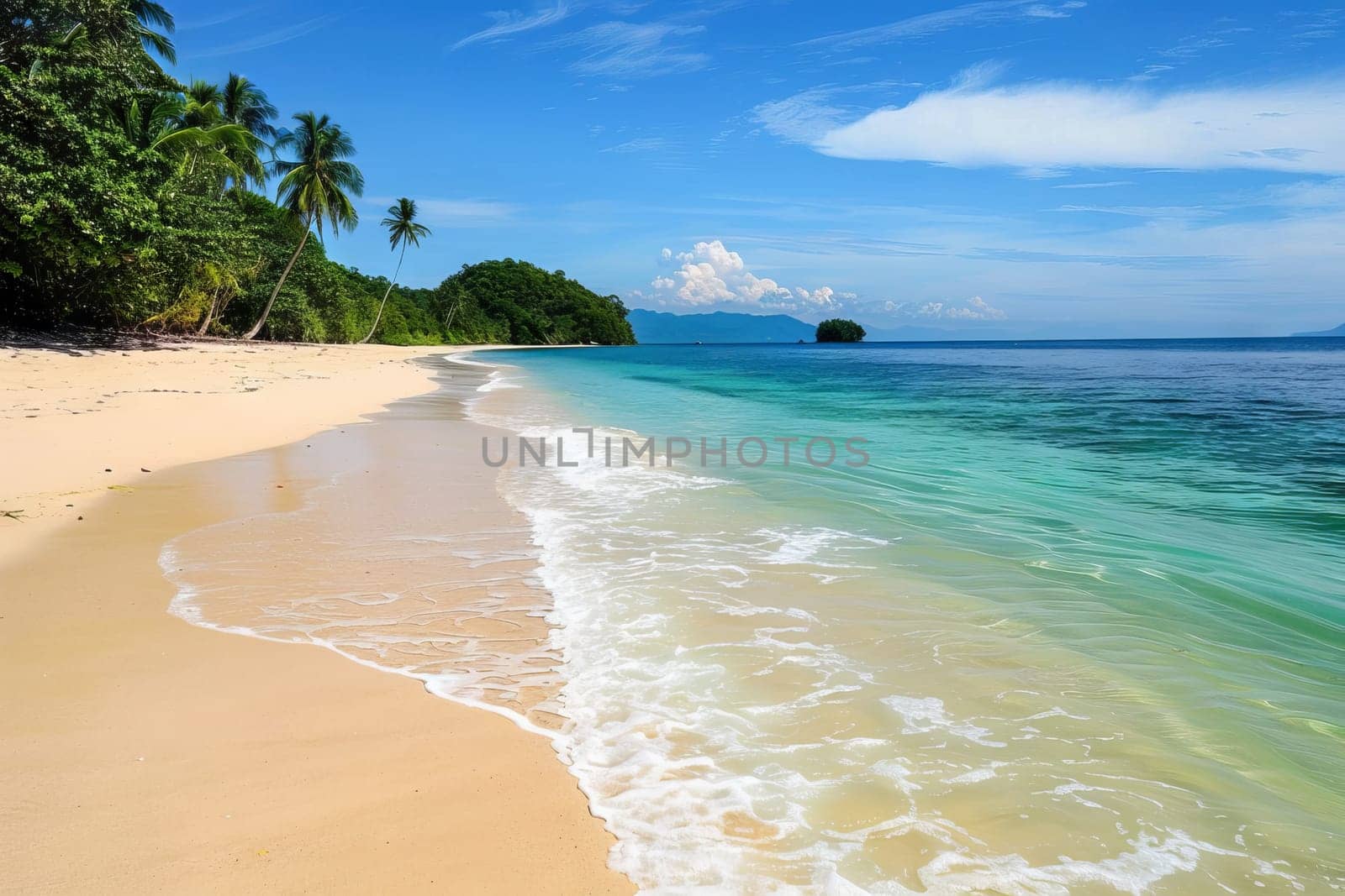 A beautiful beach with a clear blue ocean and palm trees in the background. The water is calm and the sand is warm