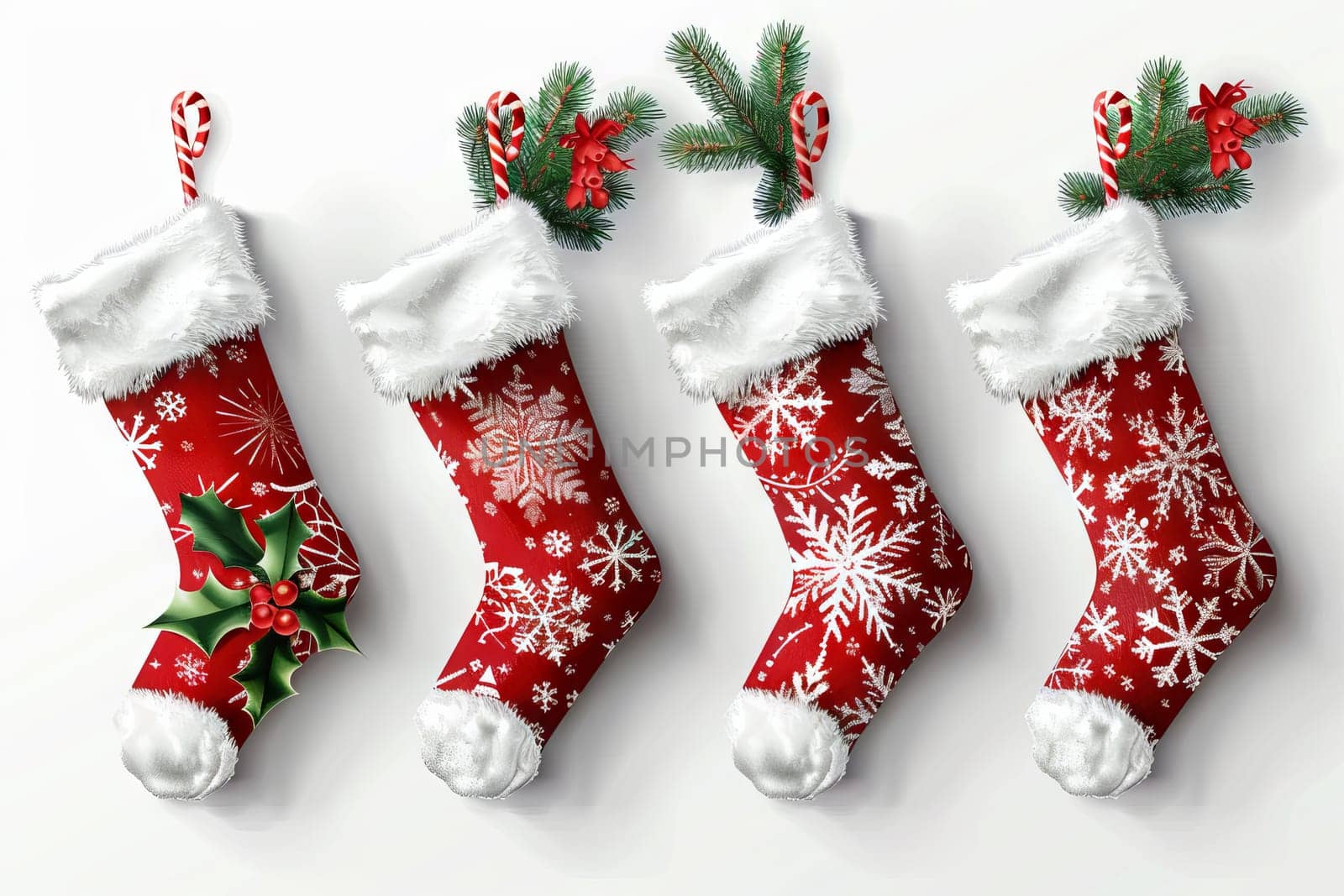 Traditional Christmas stockings on a transparent white backdrop, perfect for festive illustrations