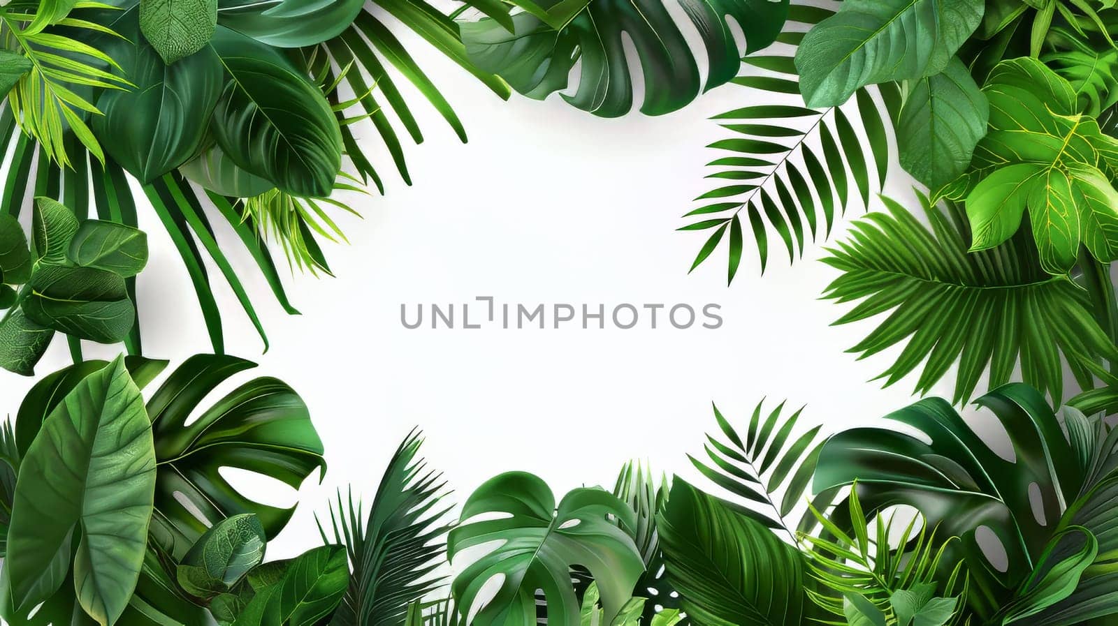 A lush green jungle with a white background. The jungle is full of leaves and plants, and the white background provides a stark contrast to the vibrant green foliage