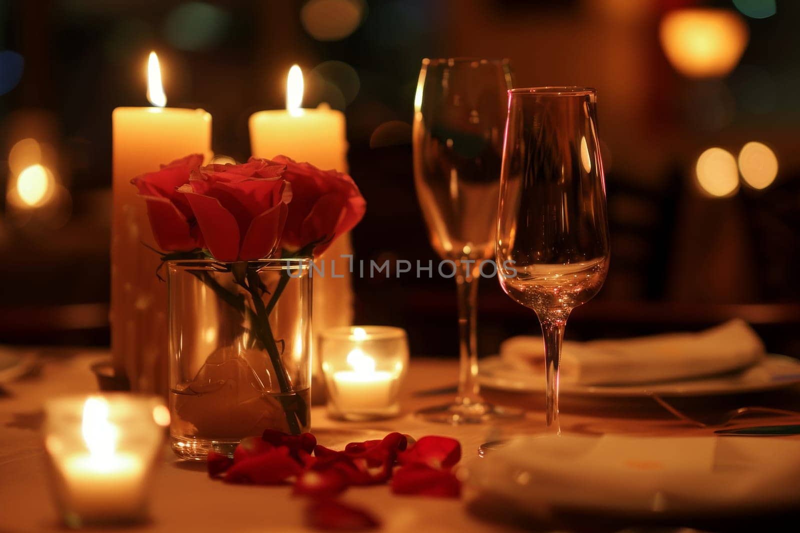 Romantic candlelit dinner at a fancy restaurant